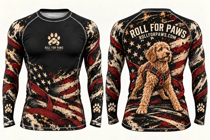 Front and back mockup of the Roll for Paws long-sleeve jiu-jitsu rashguard.