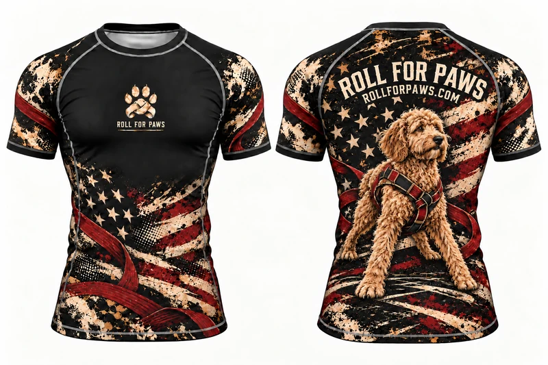 Front and back mockup of the Roll for Paws short-sleeve jiu-jitsu rashguard.