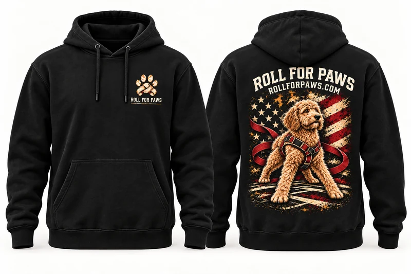 Front and back mockup of the black Roll for Paws supporter hoodie.